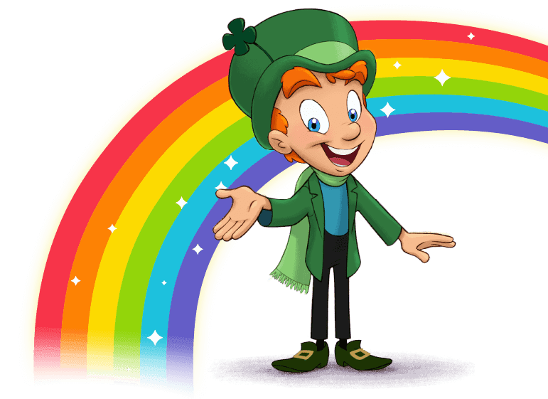 El duende Lucky vistiendo un sombrero, chaqueta y bufanda verdes de pie al lado de un arcoíris.