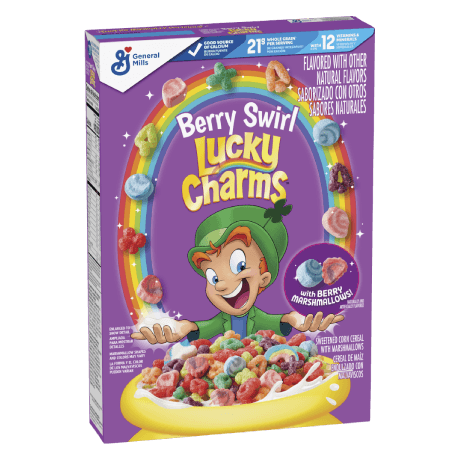 Lucky Charms Berry Swirl cereal, front of package