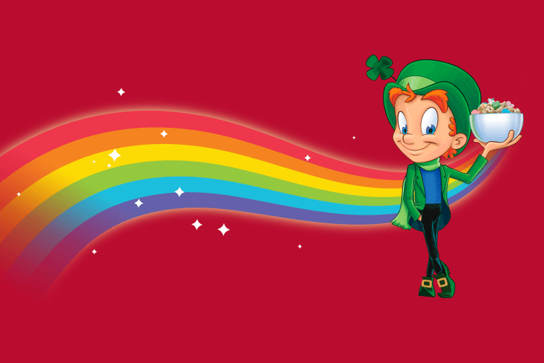 Illustration of Lucky the leprechaun holding a bowl of Lucky Charms beside a rainbow on a red background