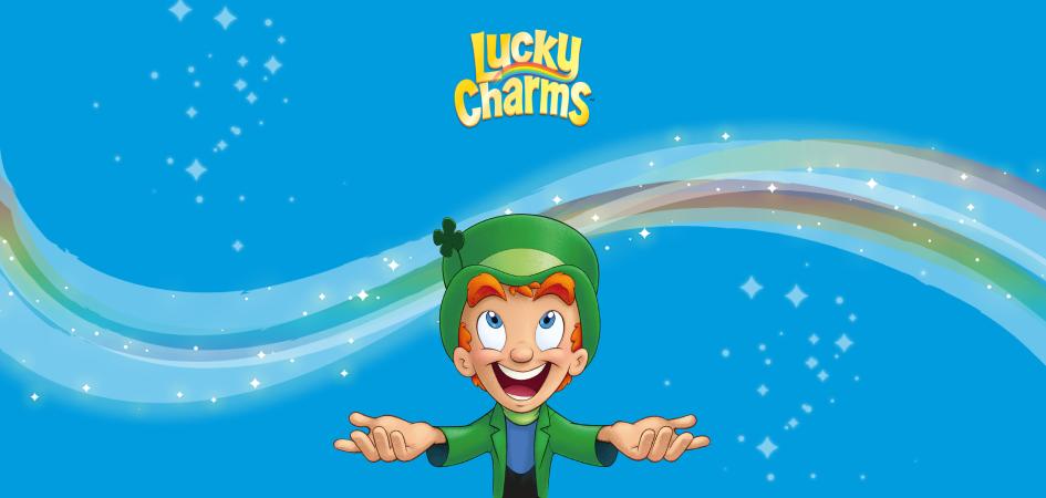 Illustration of Lucky the leprechaun looking up at a rainbow with the Lucky Charms logo above it on a blue background