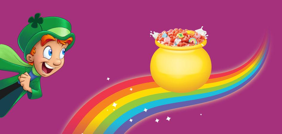 Illustration of Lucky the leprechaun looking at a bowl of Lucky Charms sitting on a rainbow on a purple background